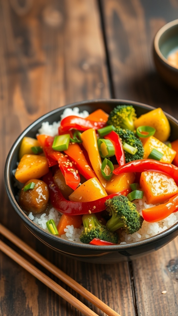 Onion Vegetable Stir-Fry Recipe A colorful bowl of onion vegetable stir-fry with bell peppers, broccoli, and carrots over rice, garnished with sesame seeds.